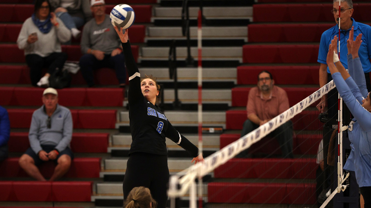 Naomie Cremoux had a match-high 23 kills and 17 digs to help lead CSM to the 3-2 state quarterfinals win over Moorpark. (Photo by Jon Marley, CCCAA)